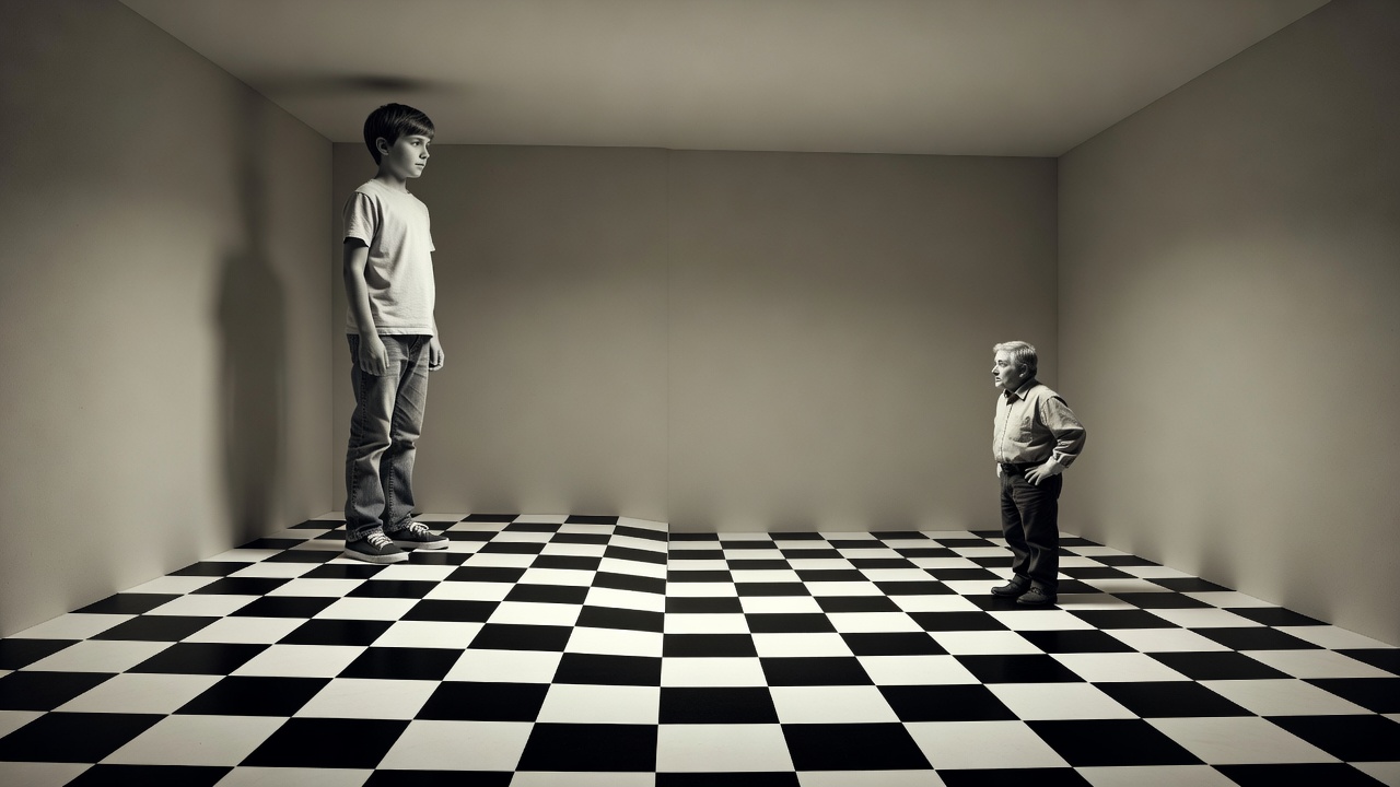 Interior of a distorted Ames room exhibit with chequered floor, where a child in one corner appears much taller than an adult in the other