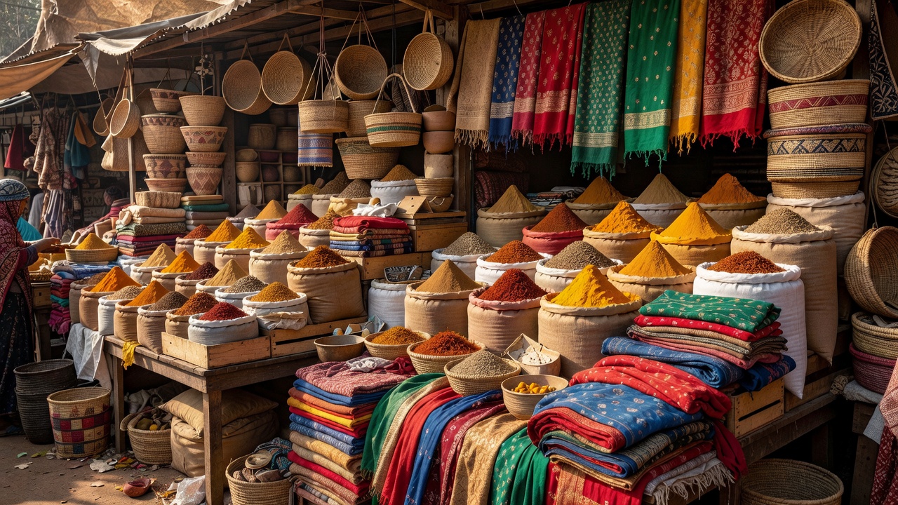 Colourful market stall packed with spices, fabrics and baskets, a busy scene where small details are easy to overlook