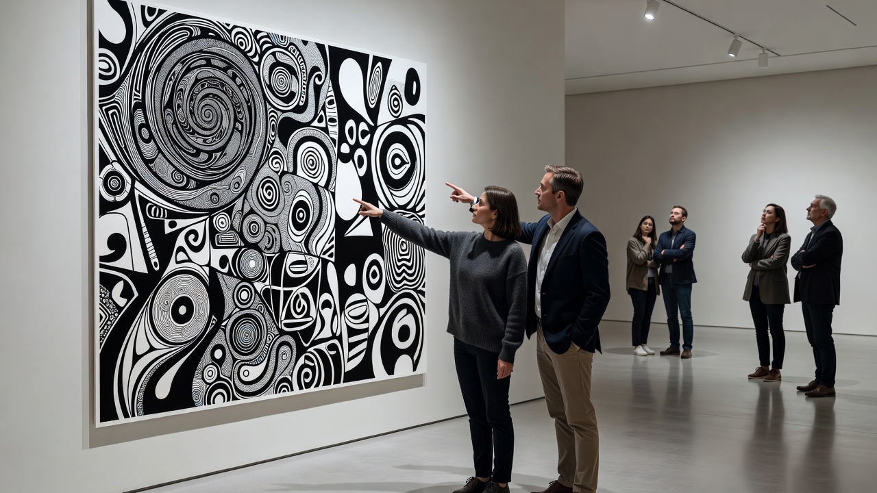 Two visitors standing in front of a large black-and-white ambiguous print in a quiet gallery, pointing at different parts of the image