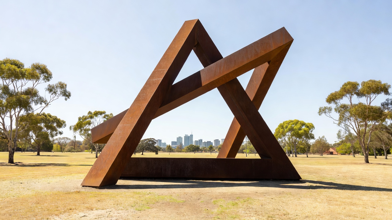 Large outdoor impossible triangle sculpture photographed from the precise viewpoint where its three beams seem to connect